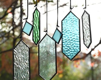 Stained Glass Wind Chime Suncatcher, Geometric Blue Window Hanging, Coastal Glass Sun Catcher, Modern Home Decor Gift