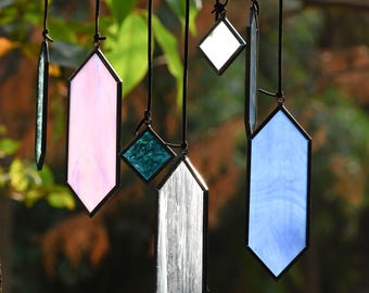 Stained Glass Wind Chime Suncatcher, Purple Blue Geometric Window Hanging, Colorful Glass Sun Catcher, Modern Boho Home Decor Gift