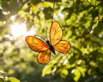 Stained Glass Butterfly Suncatcher, Yellow Butterfly Window Hanging, Colorful Glass Nature Decor Handmade Gift