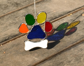 Stained Glass Paw Print Suncatcher, Colorful Dog Paw & Bone Window Hanging, Pet Lover Gift, Handmade Glass Sun Catcher Decor
