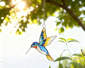 Stained Glass Hummingbird Suncatcher, Blue Bird Window Hanging, Colorful Glass Green Bird Decor, Handmade Gift for Nature Lovers