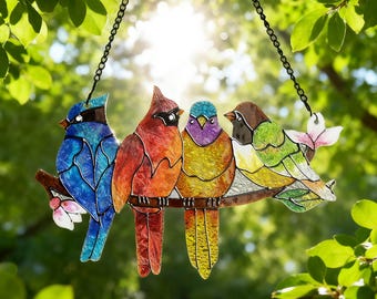 Stained Glass Bird Suncatcher, Four Colorful Birds on Branch Window Hanging, Handmade Glass Nature Decor & Gift