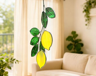 Stained Glass Lemon Suncatcher, Lemon with Leaves Window Hanging, Colorful Glass Fruit Decor Handmade Gift