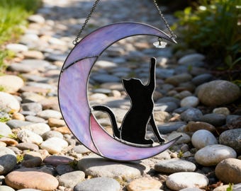 Stained Glass Black Cat Suncatcher, Cat on Purple Moon Sun Catcher, Colorful Glass Window Hanging, Handmade Gift for Cat Lovers & Home Decor