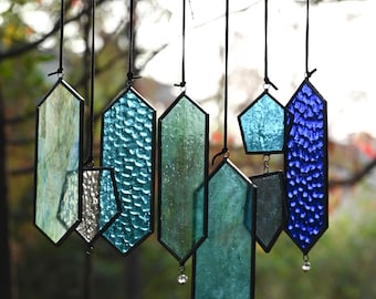 Stained Glass Wind Chime Suncatcher, Blue Green Geometric Window Hanging, Coastal Art Glass Sun Catcher, Modern Home Decor Gift