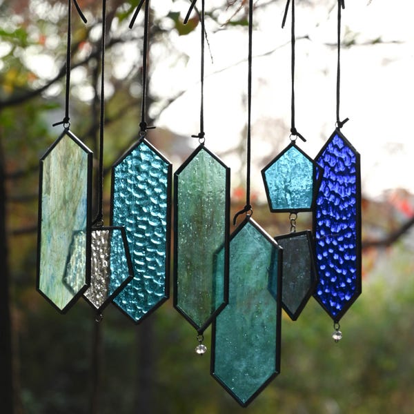 Stained Glass Wind Chime Suncatcher, Blue Green Geometric Window Hanging, Coastal Art Glass Sun Catcher, Modern Home Decor Gift