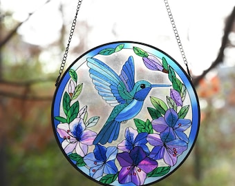 Stained Glass Hummingbird Suncatcher, Colorful Floral Window Hanging, Handcrafted Glass Sun Catcher, Nature Lover Gift, Garden Decor