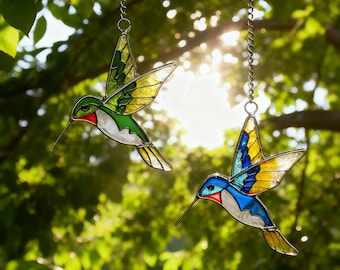 Stained Glass Hummingbird Suncatchers Set, Colorful Glass Blue & Green Bird Decor, Window Hanging, Handmade Gift for Nature Lovers