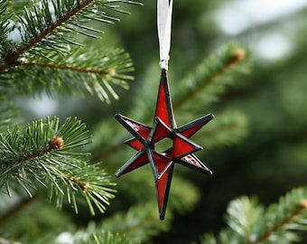 Stained Glass Snowflake Sun Catcher, Red Star Shape Window Hanging, Colorful Glass Holiday Decor Handmade Gift