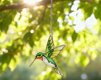 Stained Glass Hummingbird Suncatcher, Green Bird Window Hanging, Colorful Glass Blue Bird Decor, Handmade Gift for Nature Lovers