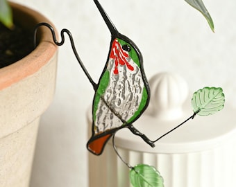 Stained Glass Hummingbird Plant Stake, Green Hummingbird Sun Catcher for Flower Pots, Colorful Glass Garden Decor Gift