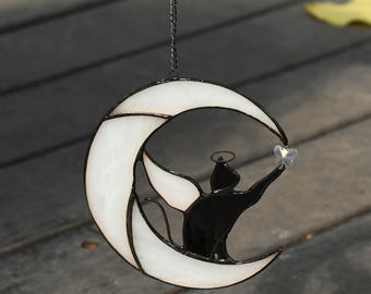 Stained Glass Angel Cat Moon Suncatcher, Cat Memorial Window Hanging, Crescent Moon Cat Sun Catcher, Pet Loss Sympathy Gift, Cat Lover Decor