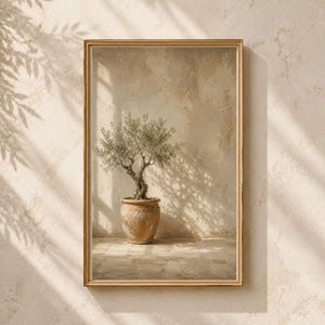 May include: A framed vertical wall art print featuring a small olive tree planted in a weathered, round terracotta pot. The scene is set against a textured, light beige wall with soft, dappled shadows cast by foliage across the surface.