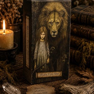 May include: A tarot card box with the title "Shadow Fates Tarot" features an illustration of a girl and a lion. The box is dark with a vintage aesthetic. A lit candle, crystal, and a piece of paper with text are also visible.
