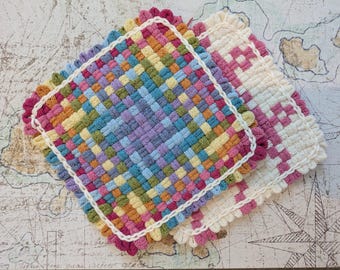 Two Woven Potholders, Summer Colors, Retro Style, Rustic Charm, Gift for Doll Lovers, Birthday Gift, or Hostess Gift!