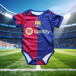 Peut inclure: Body bébé aux couleurs du FC Barcelone, avec un design divisé rouge et bleu. Il présente le logo Spotify en or et l'écusson du club. Le texte 'Spotify' est en blanc. Le body est pour bébé.