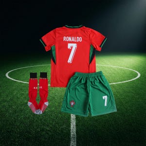 Puede incluir: Un conjunto de uniforme de f&uacute;tbol que incluye una camiseta roja con el nombre "RONALDO" y el n&uacute;mero "7" en la espalda, pantalones cortos verdes con el n&uacute;mero "7" y calcetines rojos. El uniforme tiene detalles verdes y negros. El escudo del equipo portugu&eacute;s est&aacute; en los pantalones cortos.