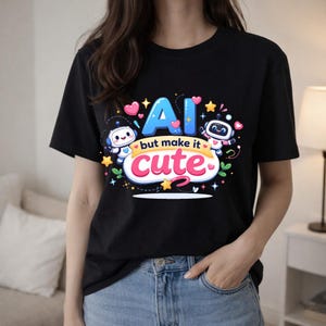 以下が含まれることがあります： 「AI but make it cute」の文字と2体の漫画ロボット、ハート、星が描かれたカラフルなデザインの黒いTシャツ。青いジーンズと合わせて着用されています。
