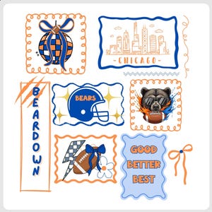 May include: A collection of Chicago Bears-themed illustrations. Includes a football helmet, a bear wearing sunglasses, a football, and the Chicago skyline. The words "BEARDOWN" and "GOOD BETTER BEST" are also featured.