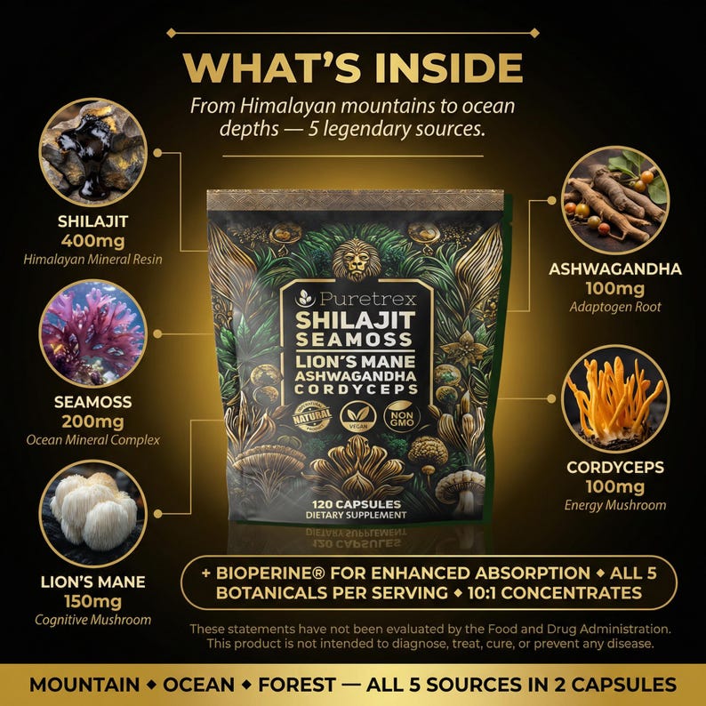 Complejo de musgo de mar Shilajit – Melena de león, Ashwagandha, Cordyceps – Energía, Inmunidad, Concentración imagen 3