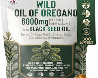 May include: A white and dark green pouch of Puretrex Wild Oil of Oregano with Black Seed Oil dietary supplement softgels. The packaging features text including 6000mg per serving, 300 softgels, and a list of ingredients like turmeric and ginger root oil.