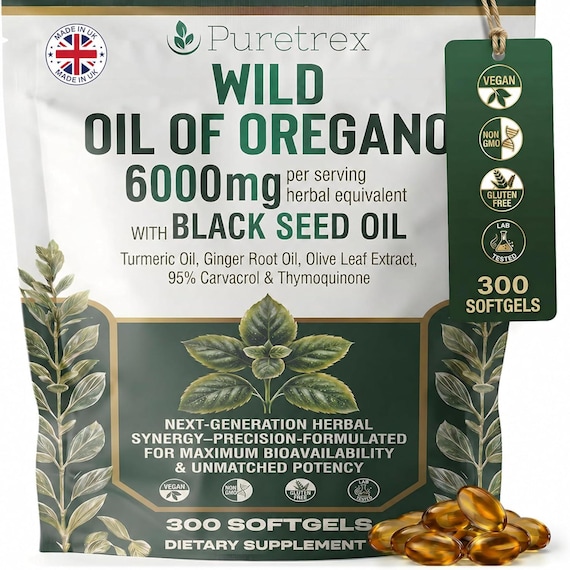 Oregano Oil 6000mg with Black Seed Oil – Immune & Gut Health Support – 120 Vegan Softgels