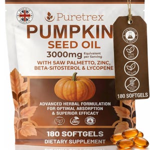 May include: A white and brown pouch of Puretrex Pumpkin Seed Oil 3000mg dietary supplement softgels. The label features a pumpkin graphic, text listing ingredients like saw palmetto and zinc, and a brown tag indicating 180 softgels, non-GMO, and vegan.