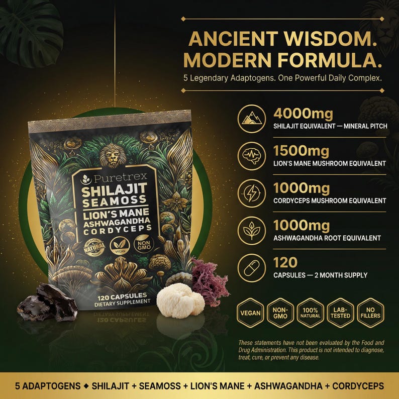 Complejo de musgo de mar Shilajit – Melena de león, Ashwagandha, Cordyceps – Energía, Inmunidad, Concentración imagen 2