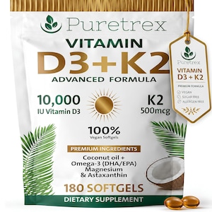 May include: A white pouch of Puretrex Vitamin D3+K2 dietary supplement containing 180 softgels. The packaging features a gold sun icon, green palm leaves, and a coconut graphic. A gold-colored tag attached to the top lists vegan, sugar-free, and allergen-free status.