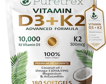 May include: A white pouch of Puretrex Vitamin D3+K2 dietary supplement containing 180 softgels. The packaging features a gold sun icon, green palm leaves, and a coconut graphic. A gold-colored tag attached to the top lists vegan, sugar-free, and allergen-free status.