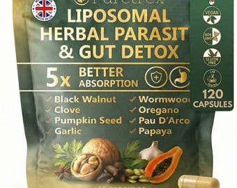 Cápsulas liposomales de hierbas con nogal negro, ajenjo y clavo / 120 cápsulas / Vegano / Suplemento para la salud intestinal / Fabricado en el Reino Unido