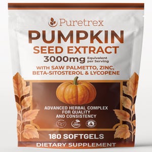 May include: A white and brown bag of Puretrex Pumpkin Seed Extract dietary supplement. The bag features the text "Pumpkin Seed Extract 3000mg" and an image of a pumpkin. It also includes the text "180 Softgels" and "Dietary Supplement".