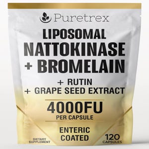 May include: A white and gold pouch of Puretrex dietary supplement capsules. The label prominently displays "LIPOSOMAL NATTOKINASE + BROMELAIN + RUTIN + GRAPE SEED EXTRACT" and "4000FU PER CAPSULE". The package contains 120 enteric-coated capsules.