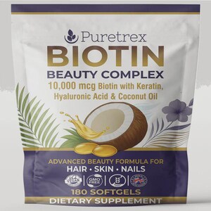 May include: A white and purple pouch of Puretrex Biotin Beauty Complex. The pouch features text and graphics, including a coconut, softgels, and the words "Hair, Skin, Nails." The product contains 10,000 mcg of Biotin, Keratin, Hyaluronic Acid & Coconut Oil.