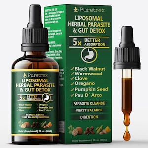 May include: A bottle of Puretrex Liposomal Herbal Parasite & Gut Detox dietary supplement. The dark amber liquid is in a clear glass bottle with a black dropper. The green label lists ingredients like Black Walnut and Wormwood. The box reads "5x Better Absorption".