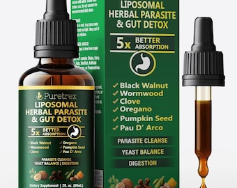 Gotas liposomales herbales para la desintoxicación intestinal y la eliminación de parásitos / Nogal negro, ajenjo, clavo, orégano / Equilibrio digestivo y de levaduras