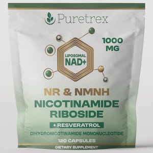 May include: A white pouch with green and gold accents, featuring the "Puretrex" logo and text indicating "Liposomal NAD+" and "1000 MG". The label also lists "NR & NMNH Nicotinamide Riboside" and "120 Capsules" as a dietary supplement.