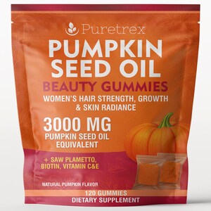 May include: Orange bag of Puretrex Pumpkin Seed Oil Beauty Gummies. The bag features the product name, benefits, and a pumpkin illustration. It contains 120 gummies and includes Saw Palmetto, Biotin, and Vitamin C&E. The product is a dietary supplement.