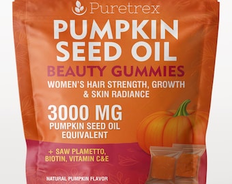 Pumpkin Seed Oil Beauty Gummies 3000mg – Women’s Hair Growth, Strength, Skin Radiance with Biotin, Saw Palmetto, Vitamins C & E