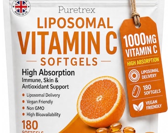May include: A white and orange pouch of Puretrex Liposomal Vitamin C softgels. The label features text including 1000mg Vitamin C, 180 softgels, and high absorption. An orange half and several golden softgels are pictured on the front of the package.