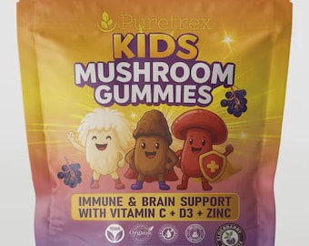 Kids Mushroom Gummies, Vegan Formula with Vitamin C D3 Zinc, Elderberry Flavour, 60 Gummies