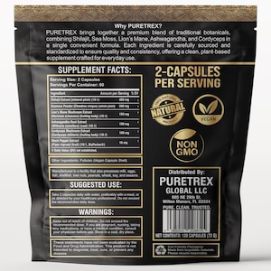 Puede incluir: Botella de suplemento negra con texto que incluye "PURETREX" e informaci&oacute;n nutricional. La etiqueta enumera ingredientes como Shilajit, musgo marino y Ashwagandha. La botella contiene 120 c&aacute;psulas (72 g).