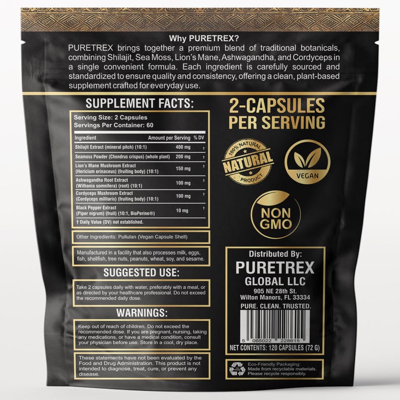 Puede incluir: Botella de suplemento negra con texto que incluye "PURETREX" e informaci&oacute;n nutricional. La etiqueta enumera ingredientes como Shilajit, musgo marino y Ashwagandha. La botella contiene 120 c&aacute;psulas (72 g).
