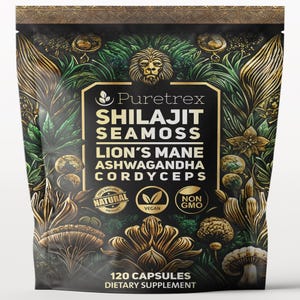 May include: A black and gold bag of Puretrex dietary supplement capsules. The bag features the text "SHILAJIT SEAMOSS" and "LION'S MANE ASHWAGANDHA CORDYCEPS". The bag also has "120 CAPSULES" and "DIETARY SUPPLEMENT" printed on it. The product is labeled as a natural and vegan product.