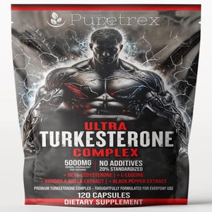May include: Black and gray supplement bag with the text "ULTRA TURKESTERONE COMPLEX" and a muscular male figure. The bag includes details about the product's ingredients and the number of capsules.
