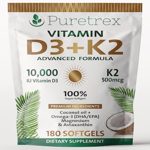 May include: A white pouch of Puretrex Vitamin D3+K2 Advanced Formula. The packaging features text and graphics in gold and green, including "10,000 IU Vitamin D3" and "K2 500mcg". It also states "180 Softgels" and "Dietary Supplement".