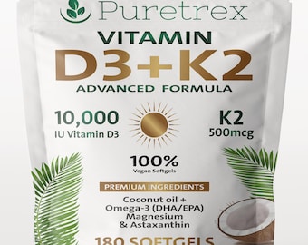 Vitamin D3 + K2 10,000 IU – MK-7 500mcg – Vegan Softgels – Immune & Bone Support