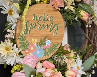 Hello Spring Grapevine Wreath Pastel Floral Front Door Decor with Wooden Sign Large Easter & Mother’s Day Wreath Pink Tulips Daisies Peonies