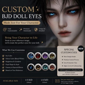 May include: Custom BJD doll eyes featuring a variety of iris colours including blue, red, purple, gold, and brown. The display shows eight circular eyes with different pupil styles and gradients. Text includes Custom BJD Doll Eyes, Available Size 1/3 BJD 14mm, and 1/4 BJD 12mm.