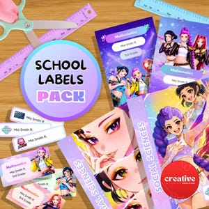 Skoletiketter – KPop Demon Hunters | Anime Kawaii Redigerbar Canvasmall | Huntrix-klistermärke | Utskrivbar Digital